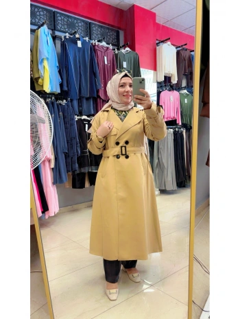 Düğmeli ve Kuşaklı Uzun Boy Trençkop