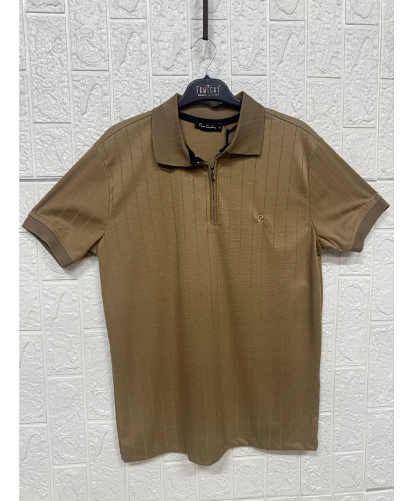 Fermuarlı Çizgi Desenli Polo Yaka Tişört