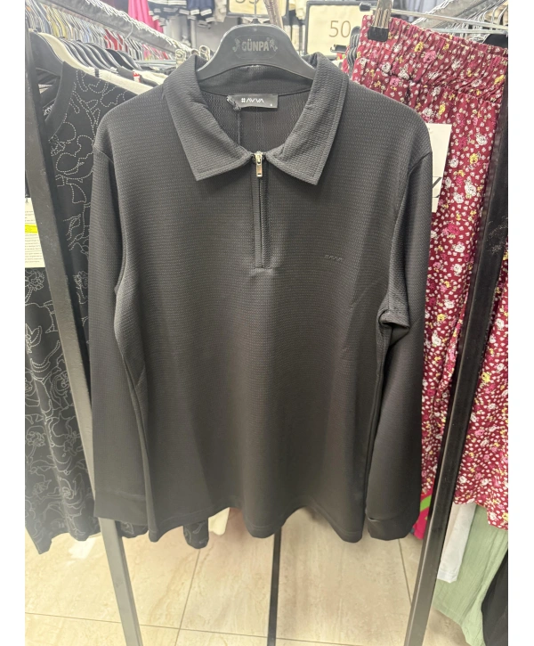 Merserize Kumaş Gömlek Yakalı Fermuarlı Tişört