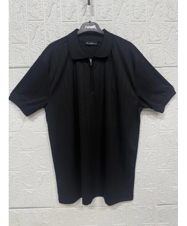 Fermuarlı Çizgi Desenli Polo Yaka Tişört