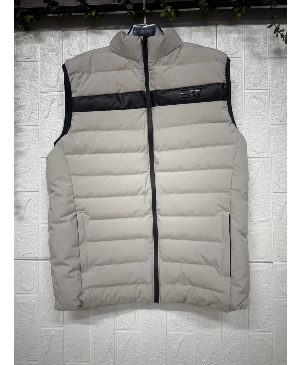 Balıkçı Yaka Fermuarlı Önü Çizgili Kolsuz Cepli Yelek