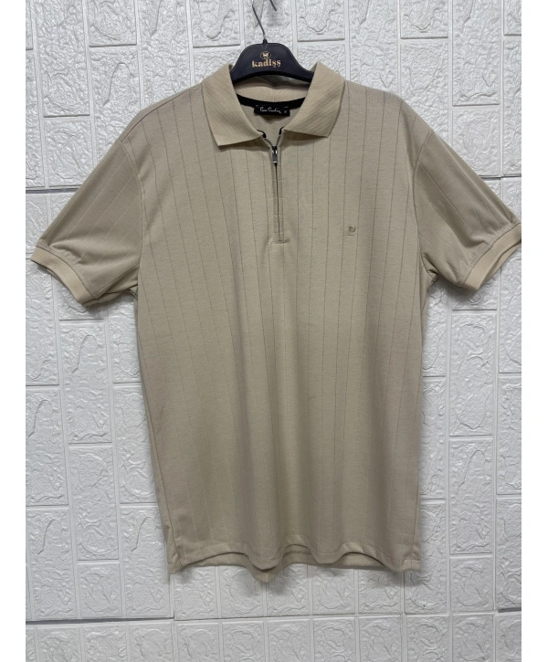 Fermuarlı Çizgi Desenli Polo Yaka Tişört