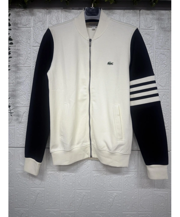 Fermuarlı Kolları Çizgili Gömlek Yaka Sweat