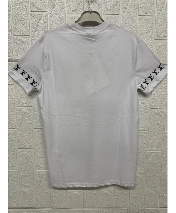 Önü ve Kollarında Yazı Detaylı Bisiklet Yaka Tişört