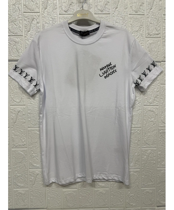 Önü ve Kollarında Yazı Detaylı Bisiklet Yaka Tişört