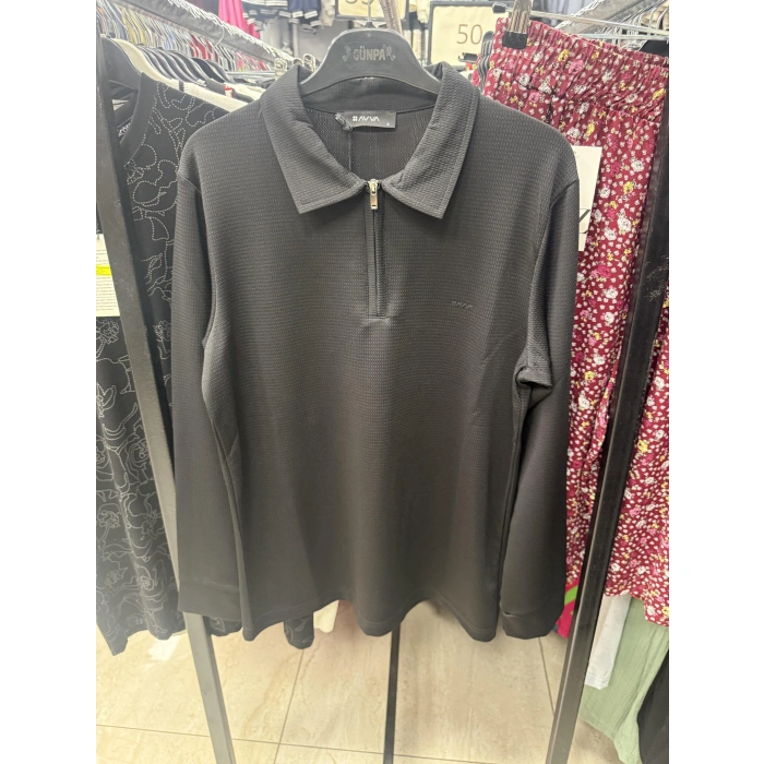 Merserize Kumaş Gömlek Yakalı Fermuarlı Tişört