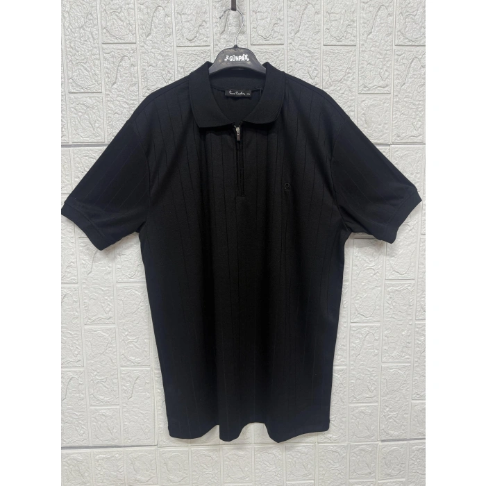 Fermuarlı Çizgi Desenli Polo Yaka Tişört