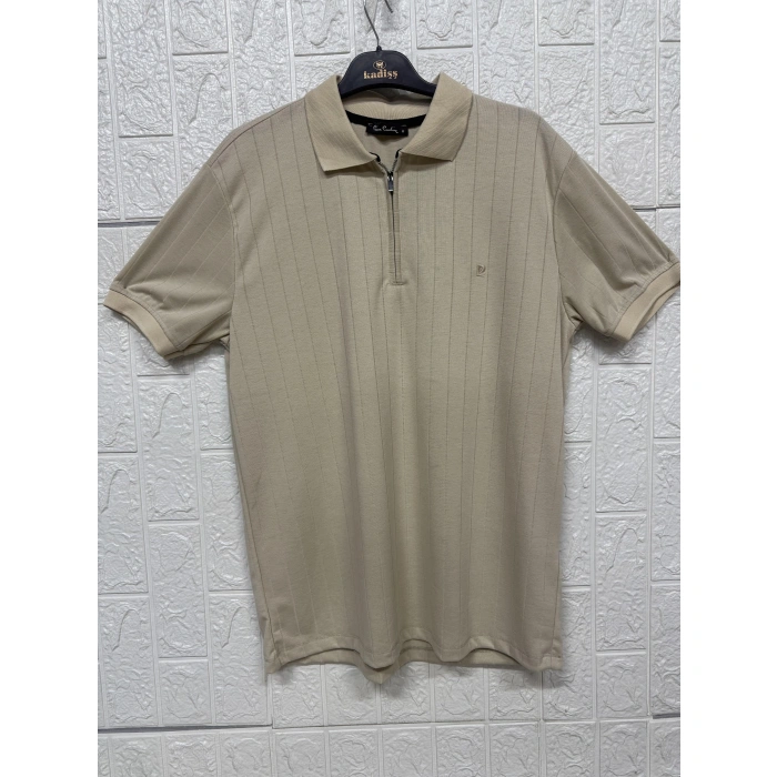 Fermuarlı Çizgi Desenli Polo Yaka Tişört