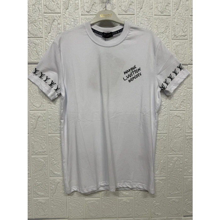 Önü ve Kollarında Yazı Detaylı Bisiklet Yaka Tişört