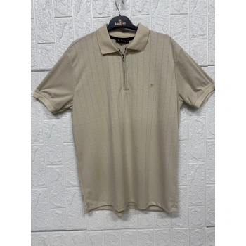 Fermuarlı Çizgi Desenli Polo Yaka Tişört