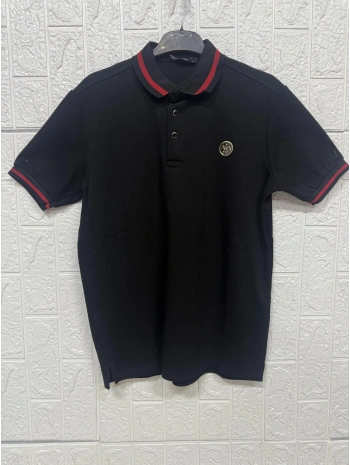 Çıtçıt Düğmeli Polo Yaka Yakası ve Kol Uçları Kırmızı Detaylı Tişört