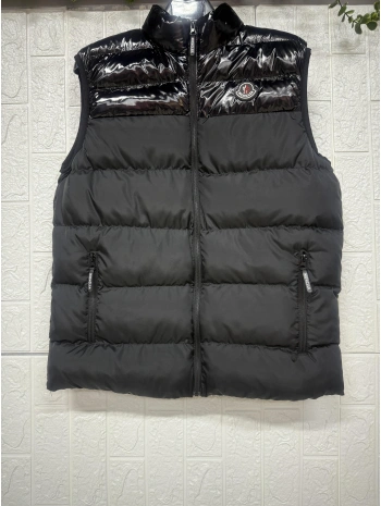 Balıkçı Yaka Fermuarlı Şişme Desen ve Üstü Deri Kolsuz Cepli Yelek