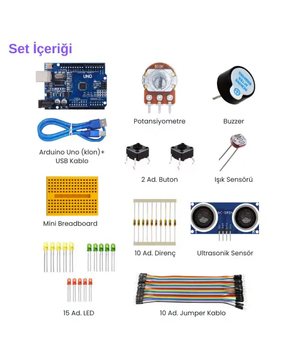 Arduino Uno (Klon) R3 Başlangıç Seti 10lu Atölye Paketi