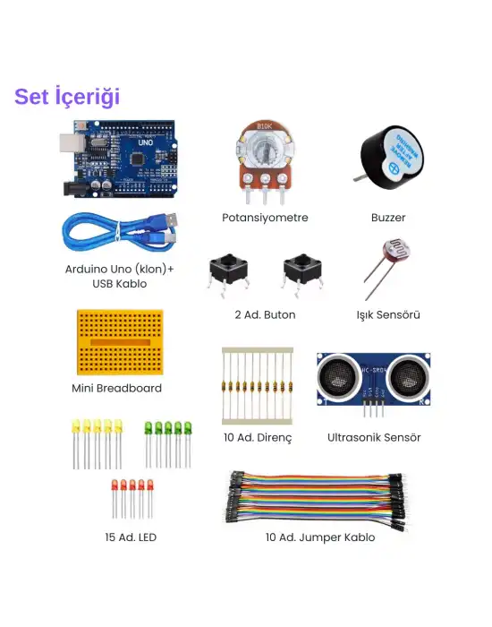 Arduino Uno (Klon) R3 Başlangıç Seti 10lu Atölye Paketi