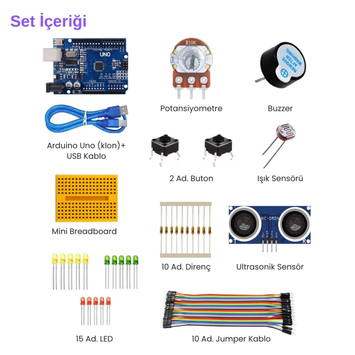 Arduino Uno (Klon) R3 Başlangıç Seti 10lu Atölye Paketi