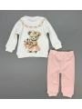 Kız Bebek Ayıcık Baskılı Çıt Çıtlı Alt Üst İkili Gündelik Takım 6-18 Ay