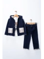Erkek Çocuk %100 Pamuk Kadife Hırka, Pantolon ve Ayıcık Baskılı Uzun Kollu Sweatli 3lü Premium Seri