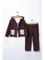 Erkek Çocuk %100 Pamuk Kadife Hırka, Pantolon ve Ayıcık Baskılı Uzun Kollu Sweatli 3lü Premium Seri