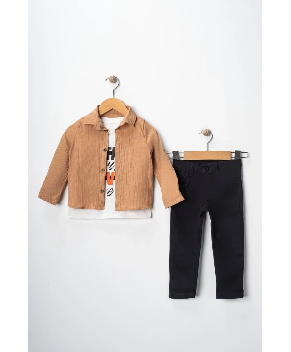 Erkek Çocuk Kolu Ayarlanabilir Gömlekli Pantolonlu Tişörtlü Üçlü Takım