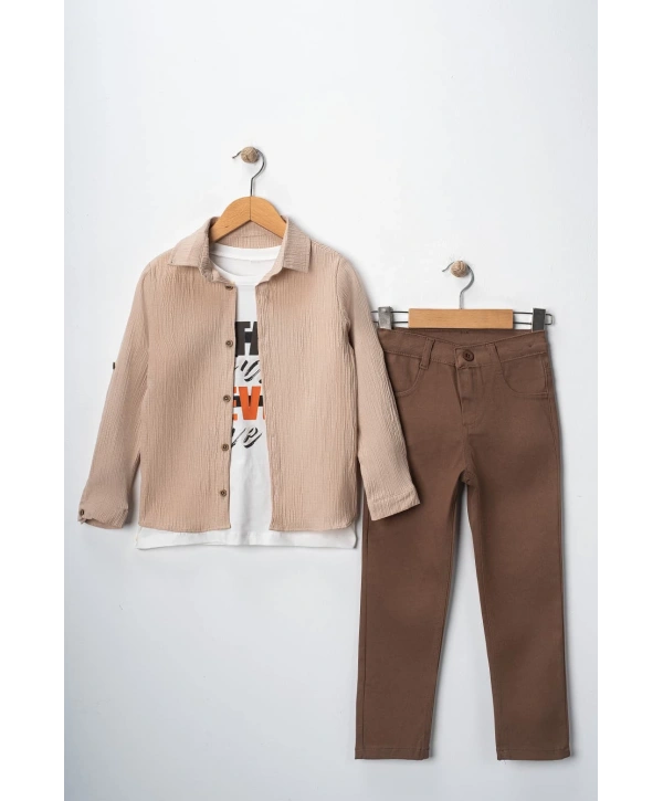 Erkek Çocuk Kolu Ayarlanabilir Gömlekli Pantolonlu Tişörtlü Üçlü Takım