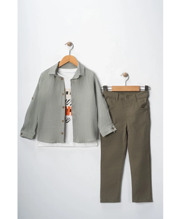 Erkek Çocuk Kolu Ayarlanabilir Gömlekli Pantolonlu Tişörtlü Üçlü Takım