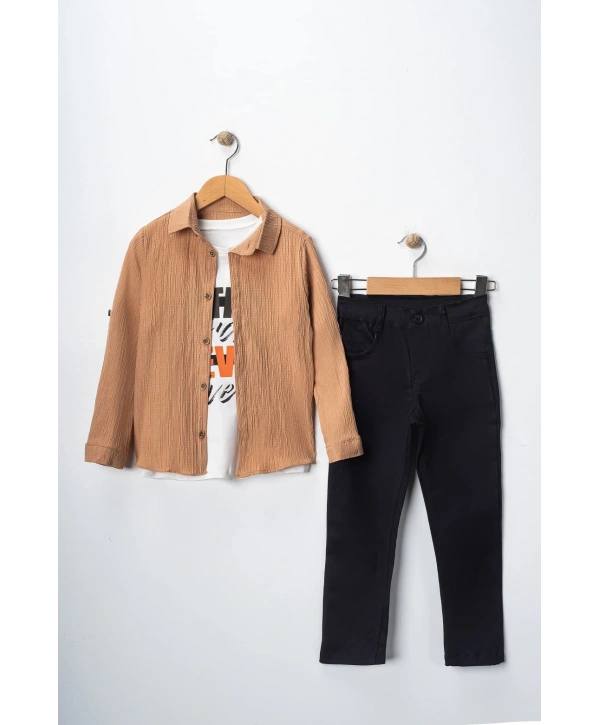 Erkek Çocuk Kolu Ayarlanabilir Gömlekli Pantolonlu Tişörtlü Üçlü Takım