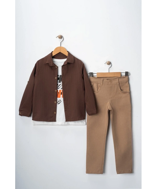 Erkek Çocuk Kolu Ayarlanabilir Gömlekli Pantolonlu Tişörtlü Üçlü Takım