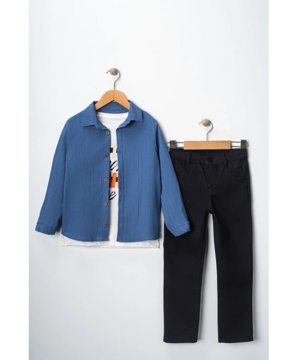 Erkek Çocuk Kolu Ayarlanabilir Gömlekli Pantolonlu Tişörtlü Üçlü Takım