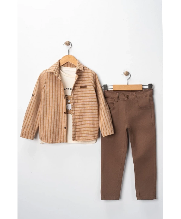 Erkek Çocuk 3lü Spor Takım Çizgili Ceket Ayıcık Baskılı Tişört ve Pantolonlu