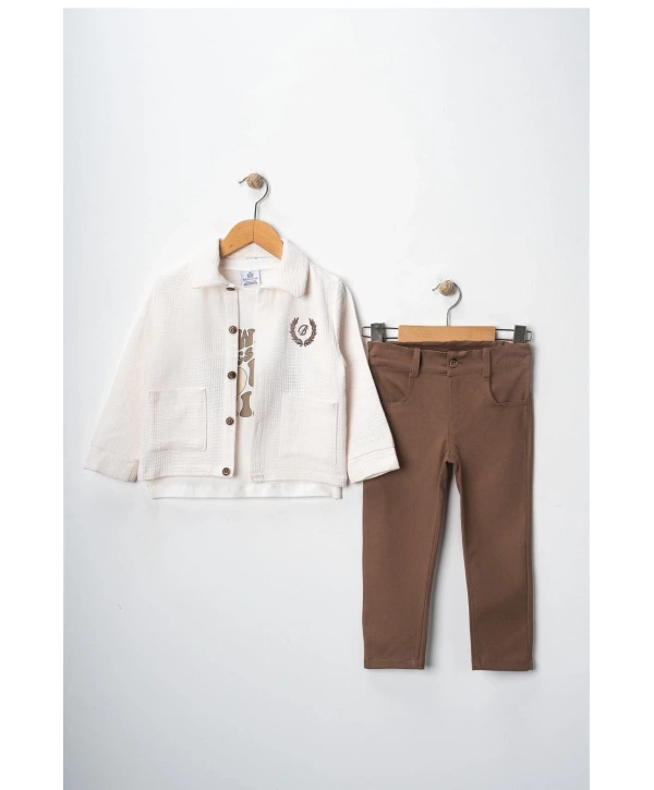 Erkek Çocuk Ceketi Nakışlı Pantolonlu Baskılı Tişörtlü Spor Üçlü Takım