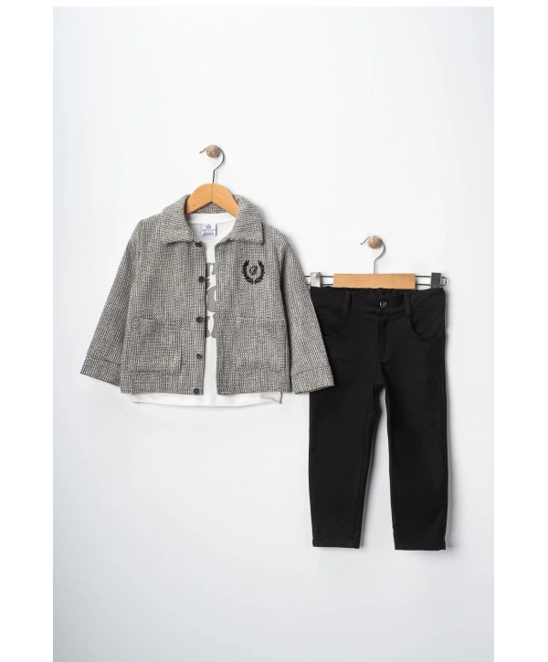 Erkek Çocuk Ceketi Nakışlı Pantolonlu Baskılı Tişörtlü Spor Üçlü Takım