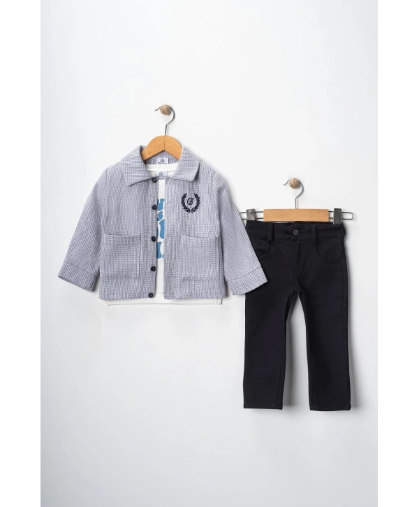 Erkek Çocuk Ceketi Nakışlı Pantolonlu Baskılı Tişörtlü Spor Üçlü Takım