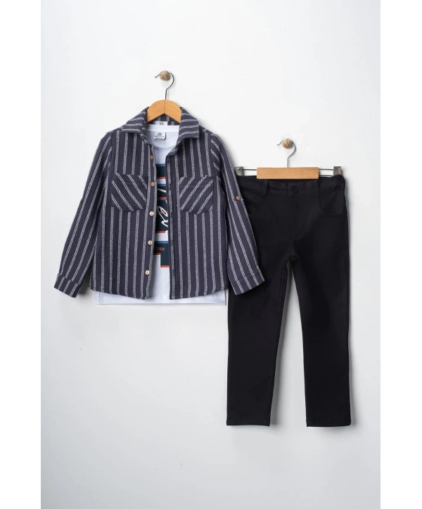 Erkek Çocuk Kolu Ayarlanabilir Gömlekli Pantolonlu Tişörtlü Üçlü Takım