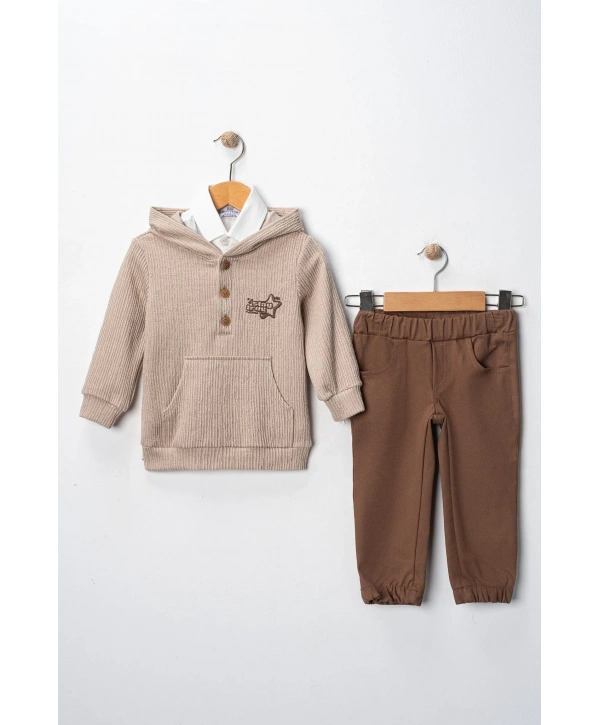 Erkek Çocuk Sweatshirtlü Gömlekli Pantolonlu 3lü Takım