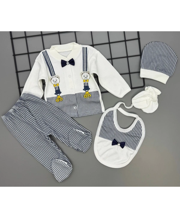 Patik Hediyeli Papyonlu Ayıcıklı 5 Parça Lüks Erkek Askı Detaylı Hastane Çıkışı Zıbın Set