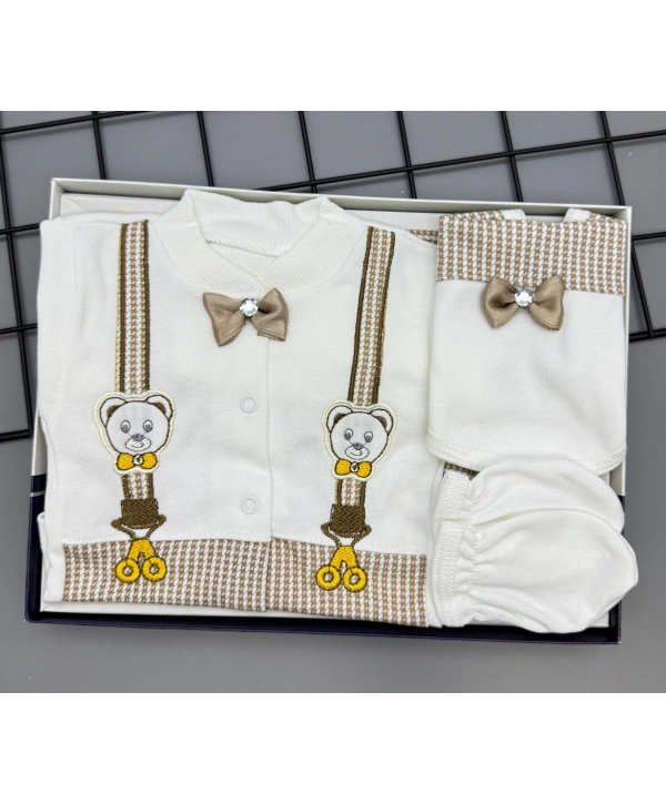 Patik Hediyeli Papyonlu Ayıcıklı 5 Parça Lüks Erkek Askı Detaylı Hastane Çıkışı Zıbın Set