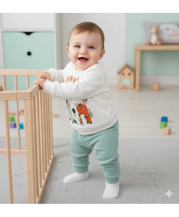 Erkek Bebek Safari Baskılı Alt Üst İkili Gündelik Takım