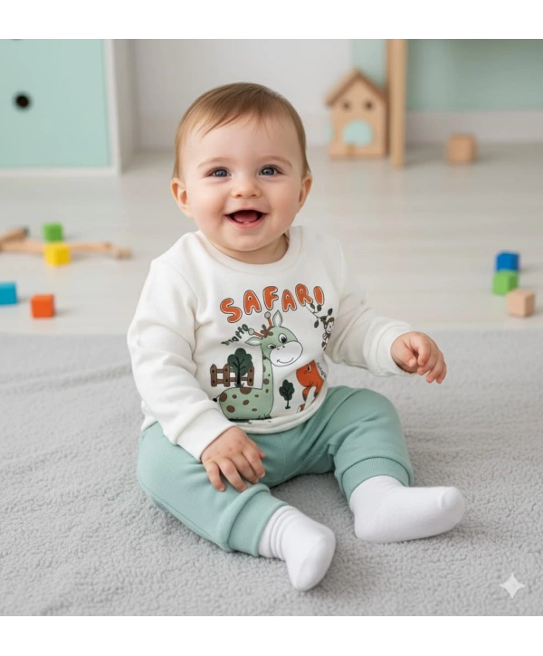 Erkek Bebek Safari Baskılı Alt Üst İkili Gündelik Takım