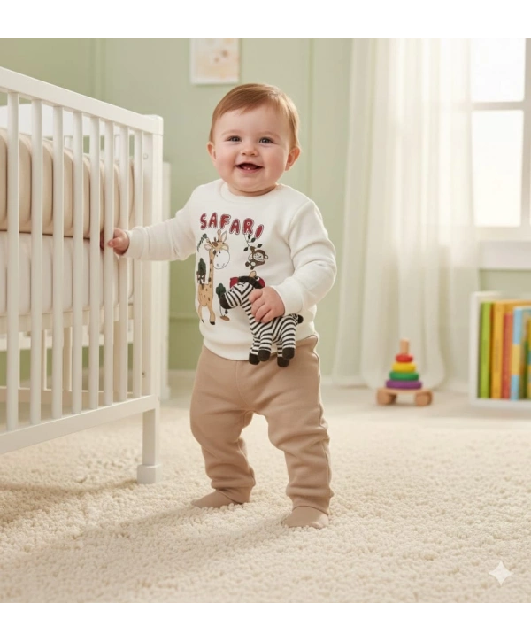 Erkek Bebek Safari Baskılı Alt Üst İkili Gündelik Takım