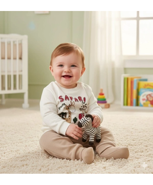 Erkek Bebek Safari Baskılı Alt Üst İkili Gündelik Takım