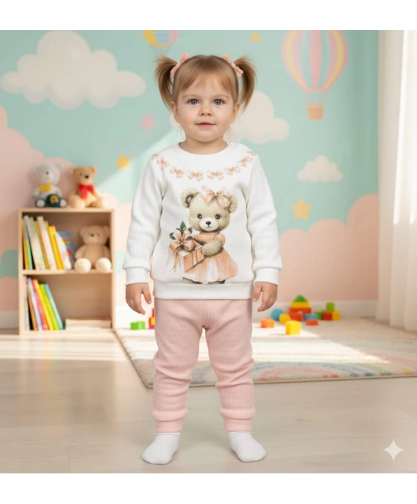 Kız Bebek Ayıcık Baskılı Çıt Çıtlı Alt Üst İkili Gündelik Takım 6-18 Ay