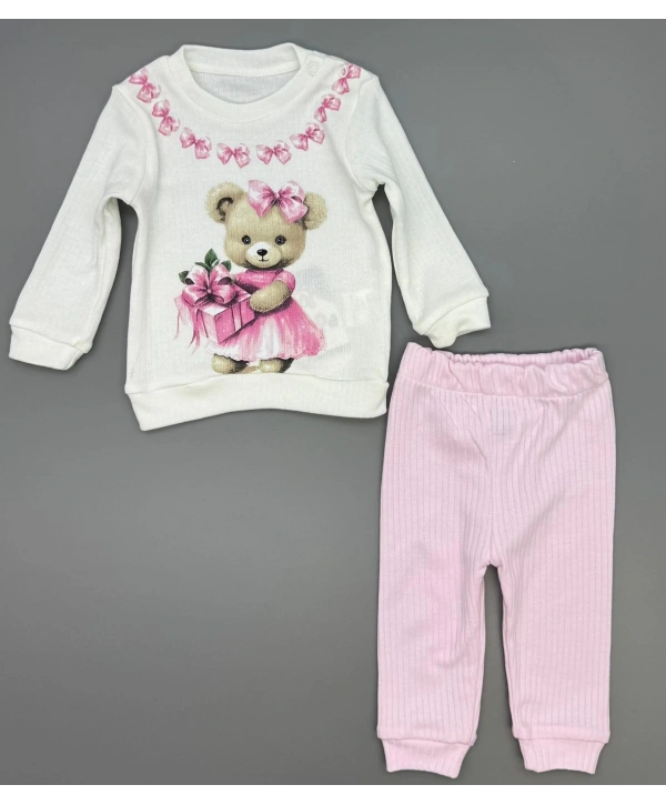 Kız Bebek Ayıcık Baskılı Çıt Çıtlı Alt Üst İkili Gündelik Takım 6-18 Ay
