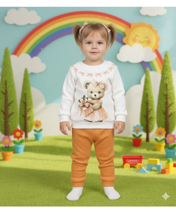 Kız Bebek Ayıcık Baskılı Çıt Çıtlı Alt Üst İkili Gündelik Takım 6-18 Ay