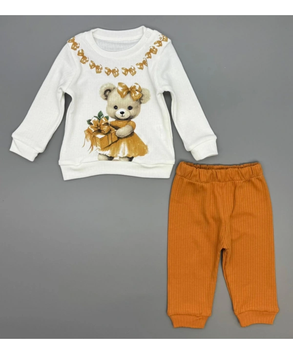 Kız Bebek Ayıcık Baskılı Çıt Çıtlı Alt Üst İkili Gündelik Takım 6-18 Ay