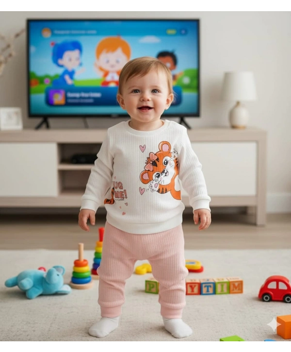 Kız Bebek Baskılı Çıt Çıtlı Alt Üst İkili Gündelik Takım 6-18 Ay