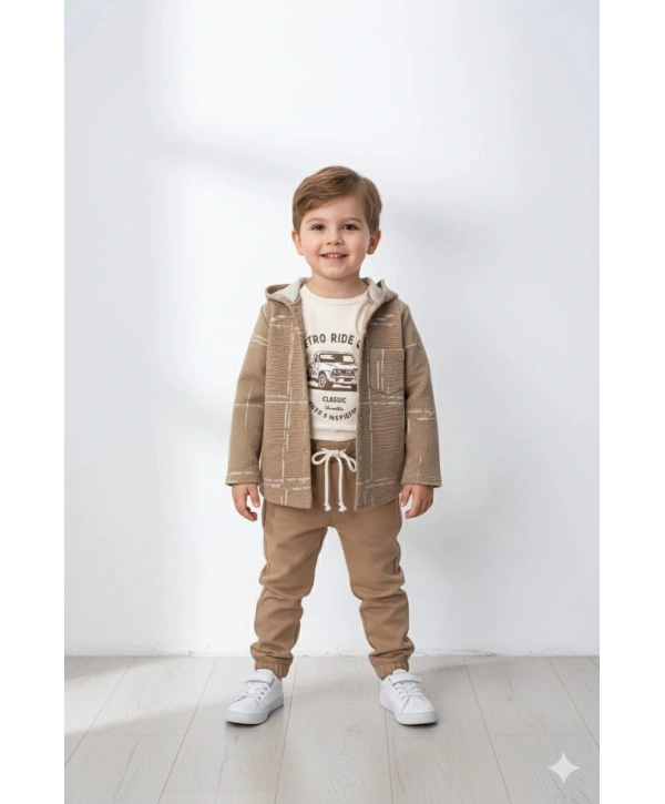 Erkek Çocuk Kapşonlu Hırka Tişört ve Pantolonlu 3lü Takım
