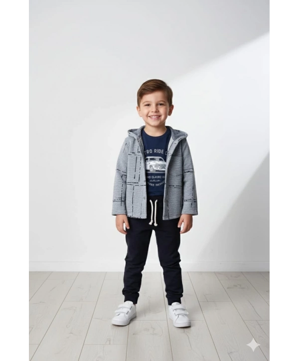 Erkek Çocuk Kapşonlu Hırka Tişört ve Pantolonlu 3lü Takım