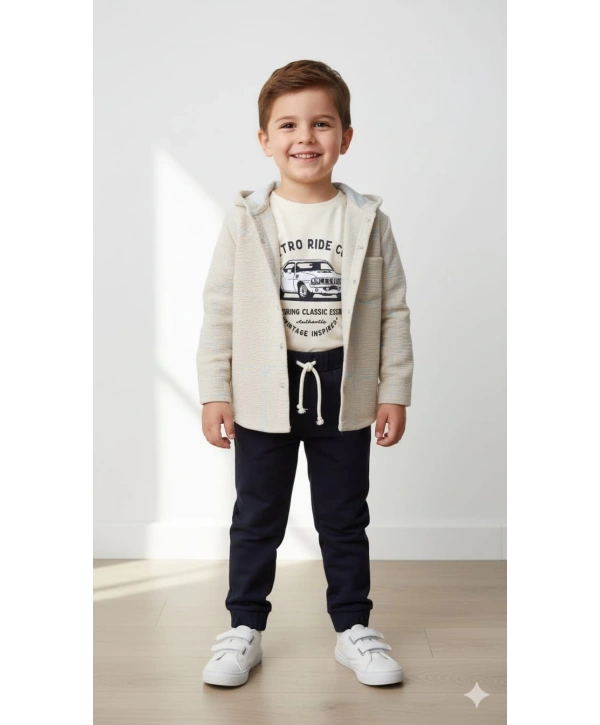 Erkek Çocuk Kapşonlu Hırka Tişört ve Pantolonlu 3lü Takım