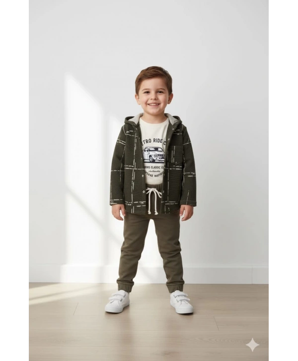 Erkek Çocuk Kapşonlu Hırka Tişört ve Pantolonlu 3lü Takım