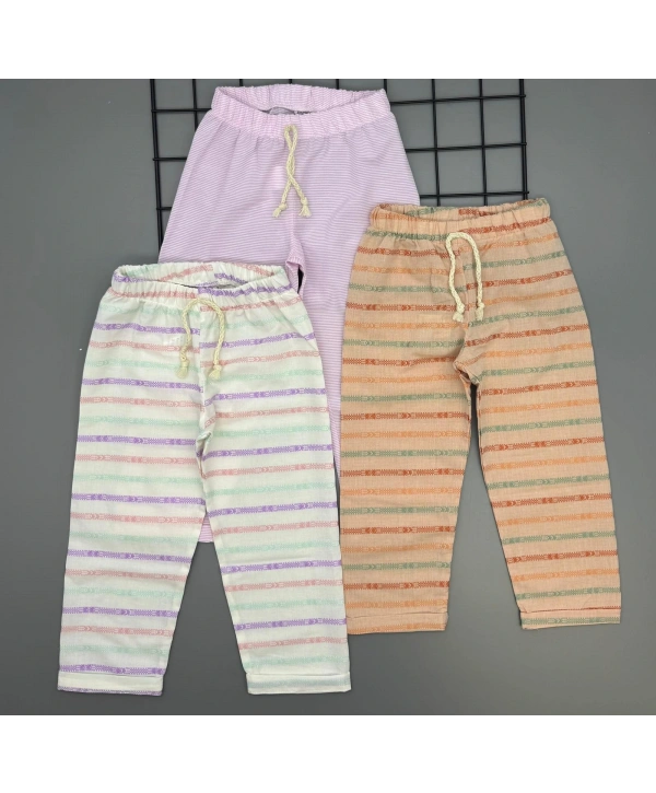 Kız Çocuk Desenli 3’lü Paket Gündelik Rahat Pantolon Seti 2-7 Yaş